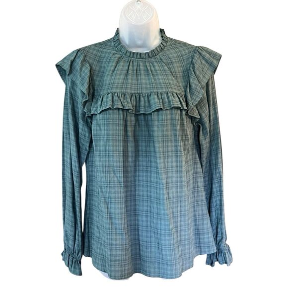Universal Threads Green/Blue Plaid Ruffled Shirt Sz Small Prairie Cottagecore - Picture 6 of 14